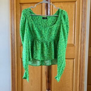 AFRM Green Floral Square-Neck Peplum Blouse